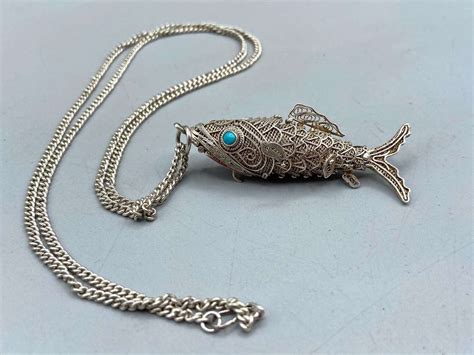 tiny metal fish what is this necklace snuff box|Vintage Silver Metal FISH SNUFF Bottle BOX on a Chain Link .